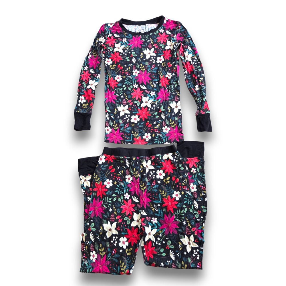 Little Sleepies Black Christmas Holiday Poinsettia Pajamas Set Bamboo Girls 9/10